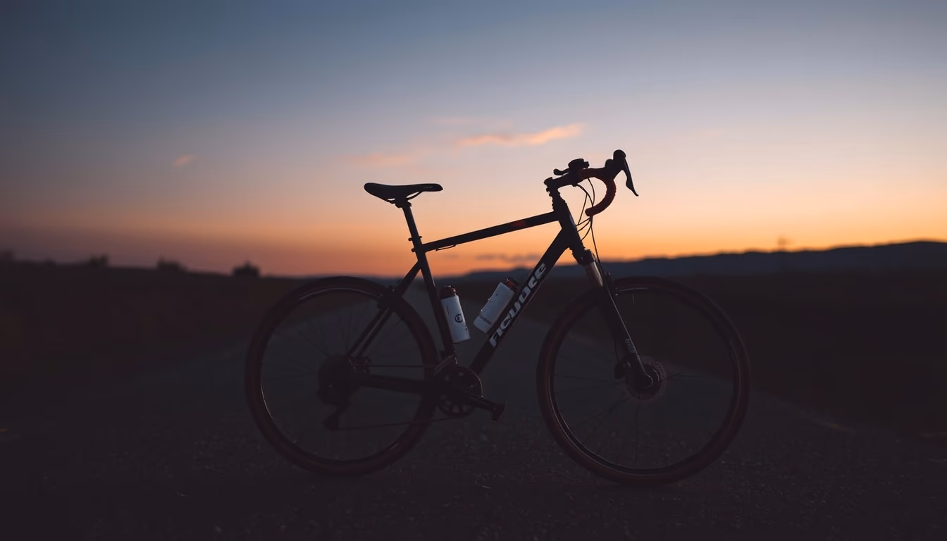 gravel bike sunset road in editorial style