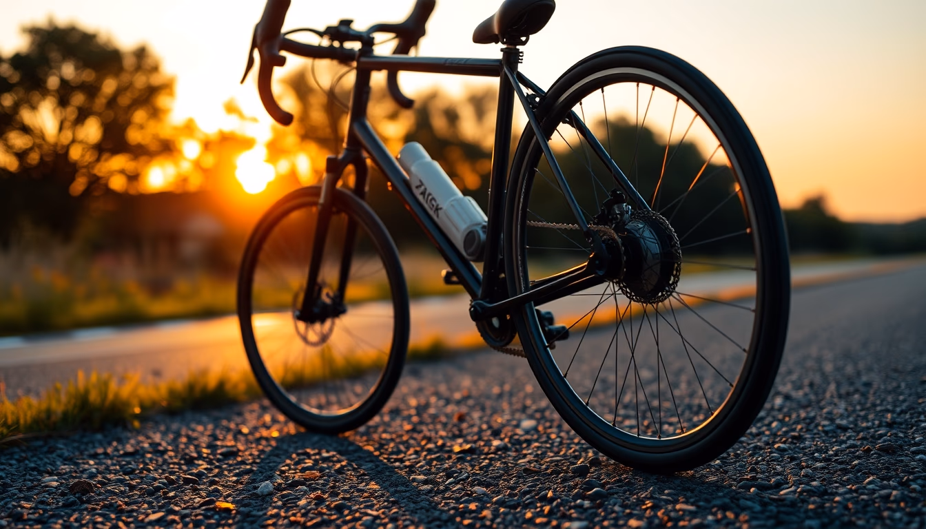 gravel bike sunset road in editorial style