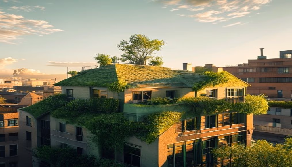 green roof on building in editorial style