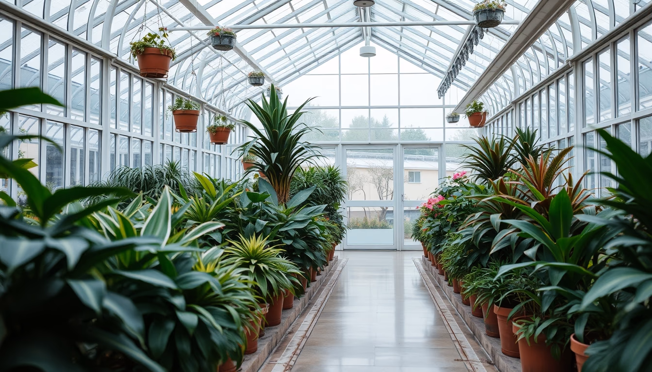 greenhouse interior plants in editorial style
