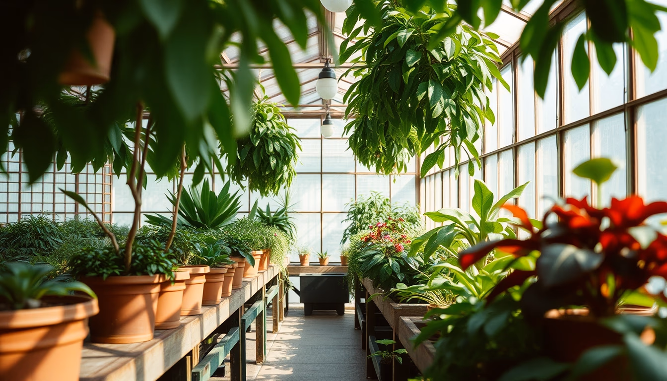 greenhouse interior plants in editorial style