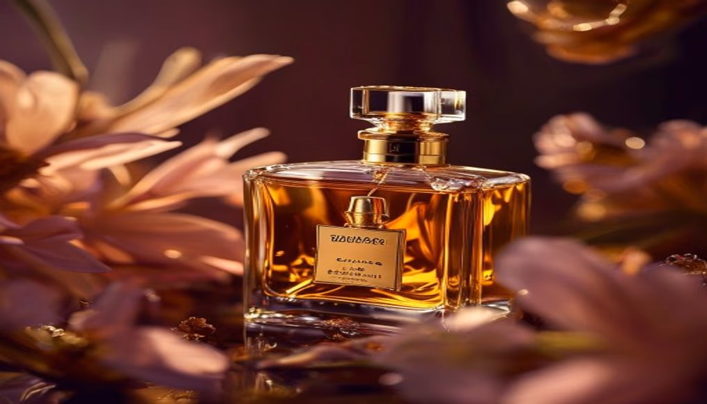 guerlain shalimar bee bottle in luxury editorial photography