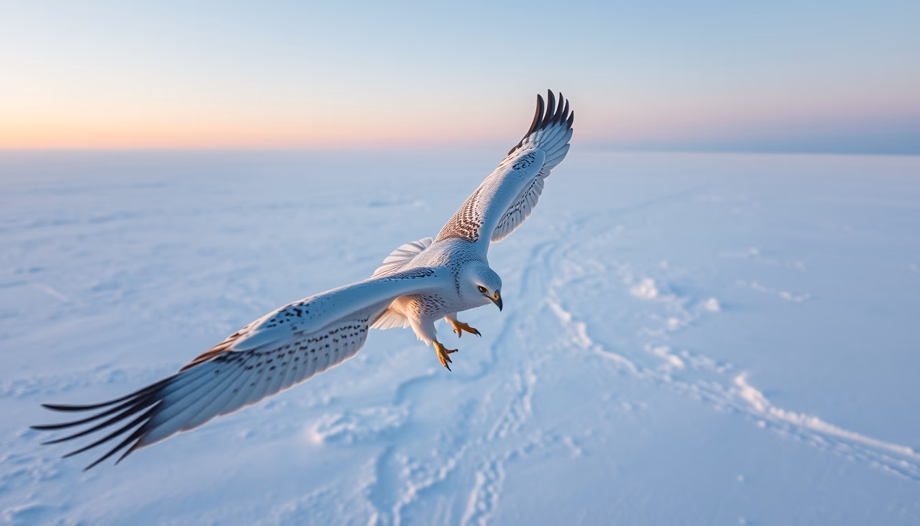 gyrfalcon white snow in editorial style