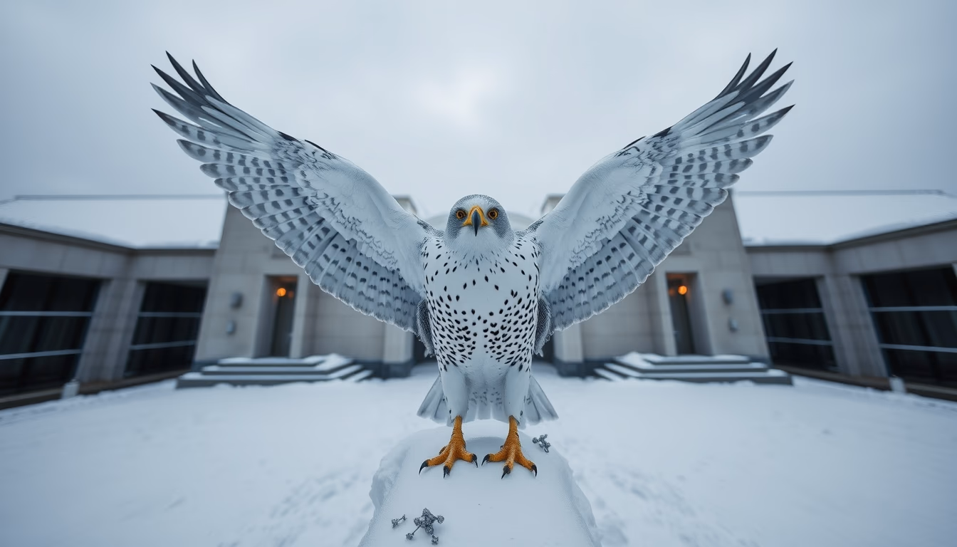 gyrfalcon white snow in editorial style