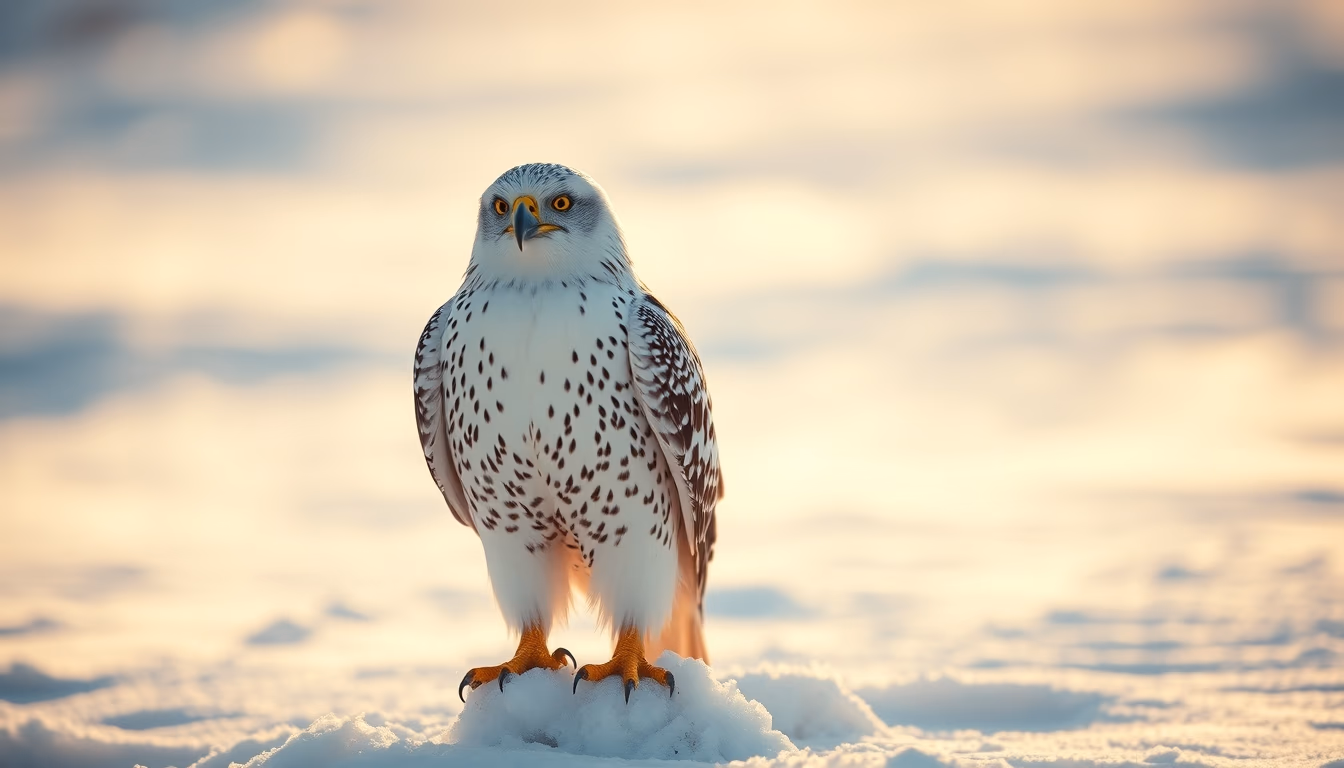 gyrfalcon white snow in editorial style