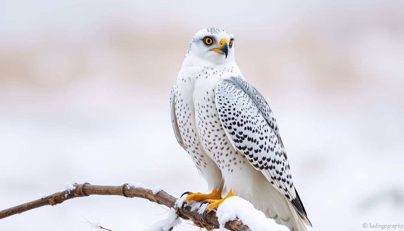 gyrfalcon white snow in editorial style