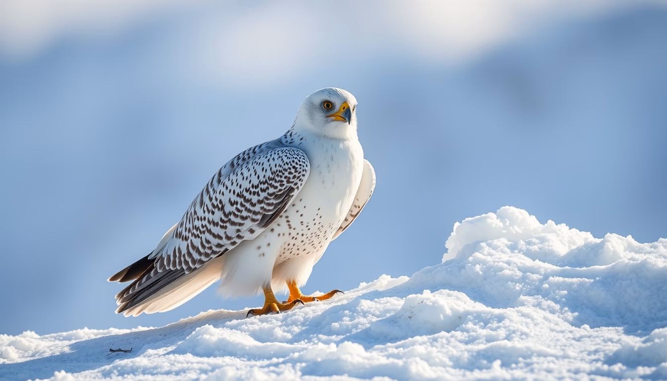 gyrfalcon white snow in editorial style