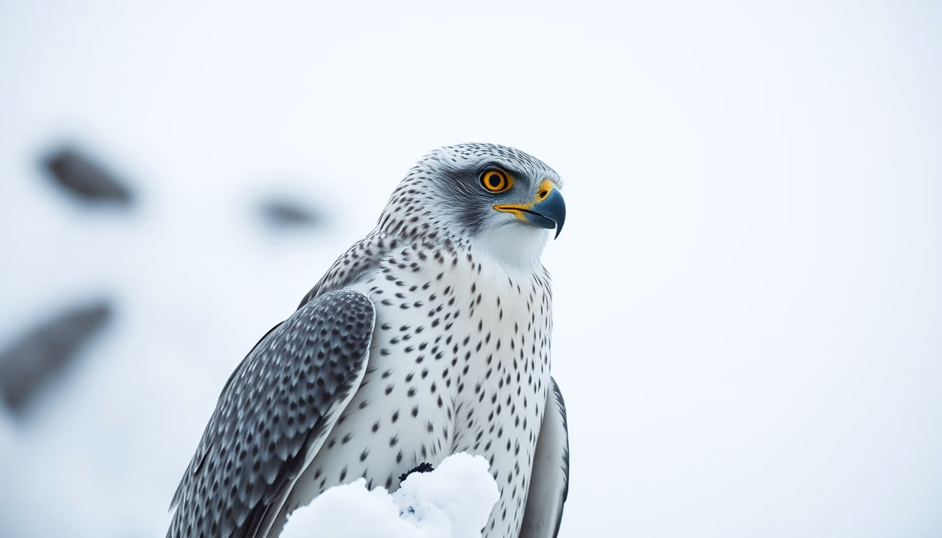 gyrfalcon white snow in editorial style