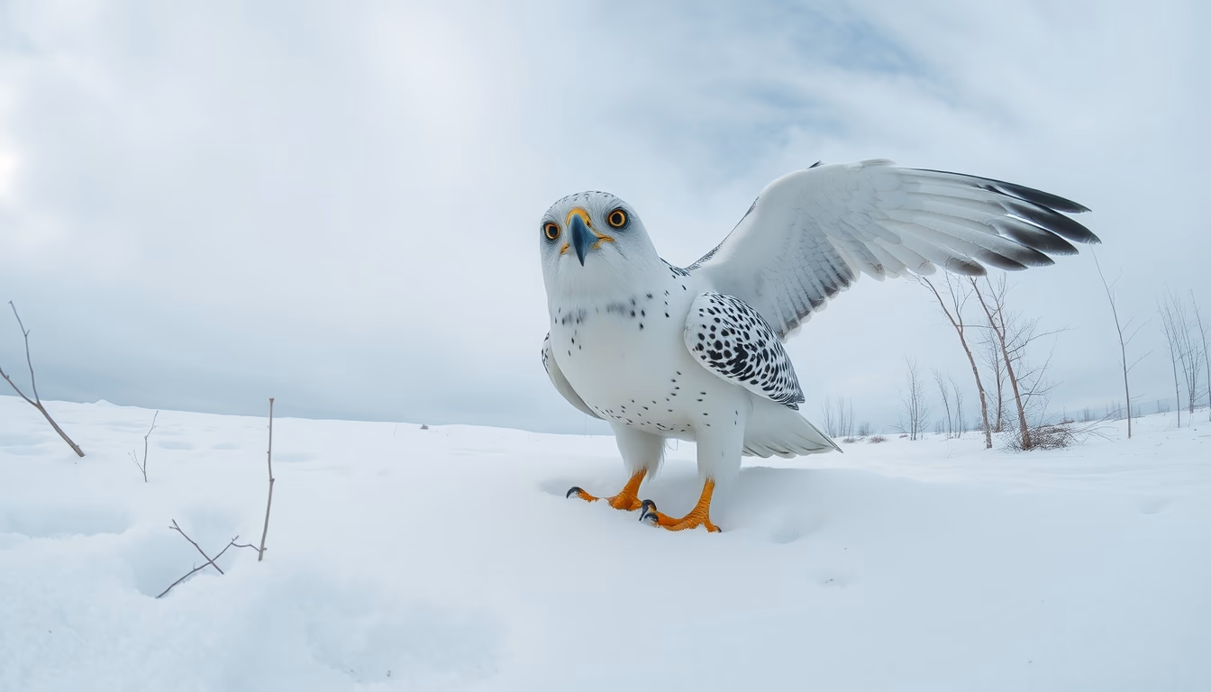 gyrfalcon white snow in editorial style