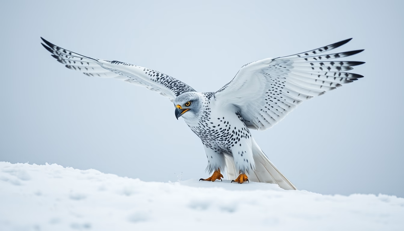 gyrfalcon white snow in editorial style