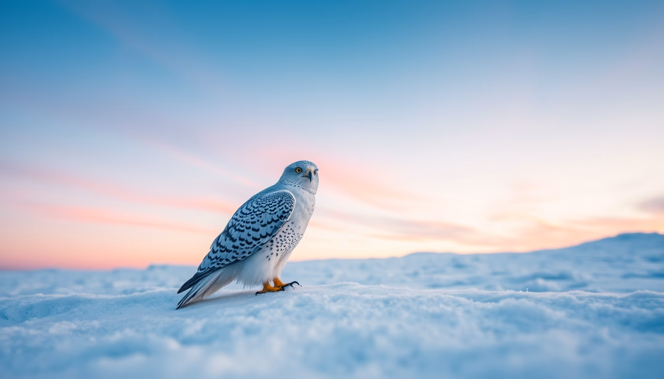gyrfalcon white snow in editorial style