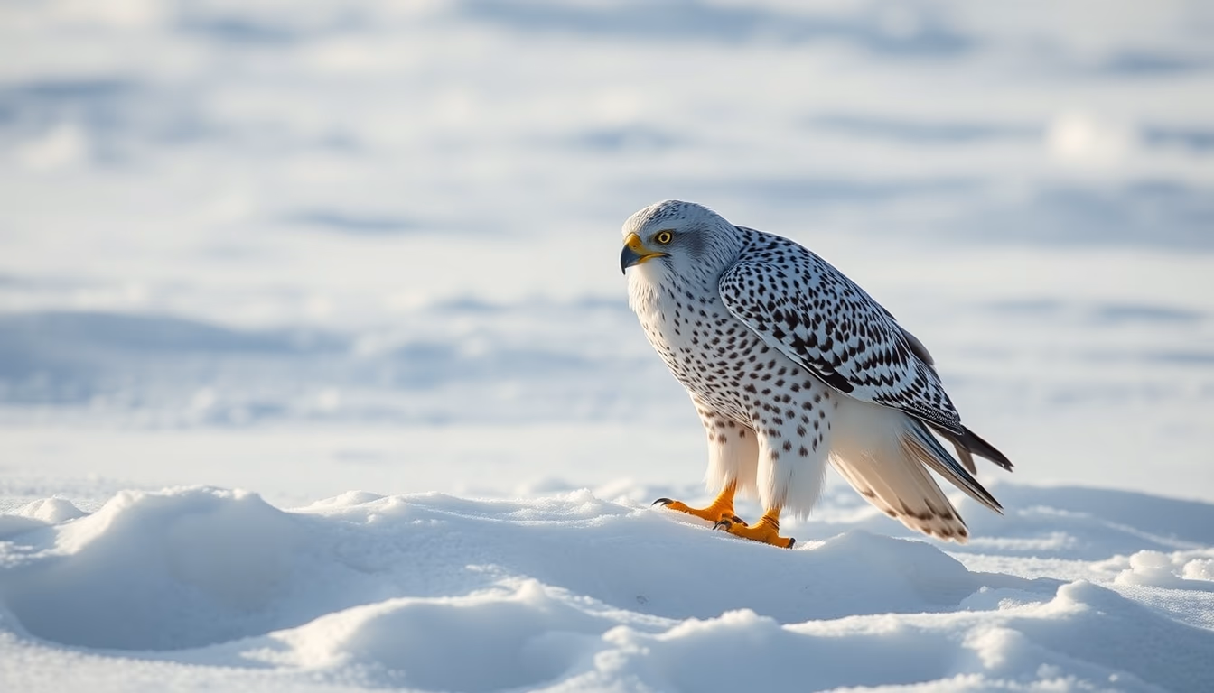 gyrfalcon white snow in editorial style