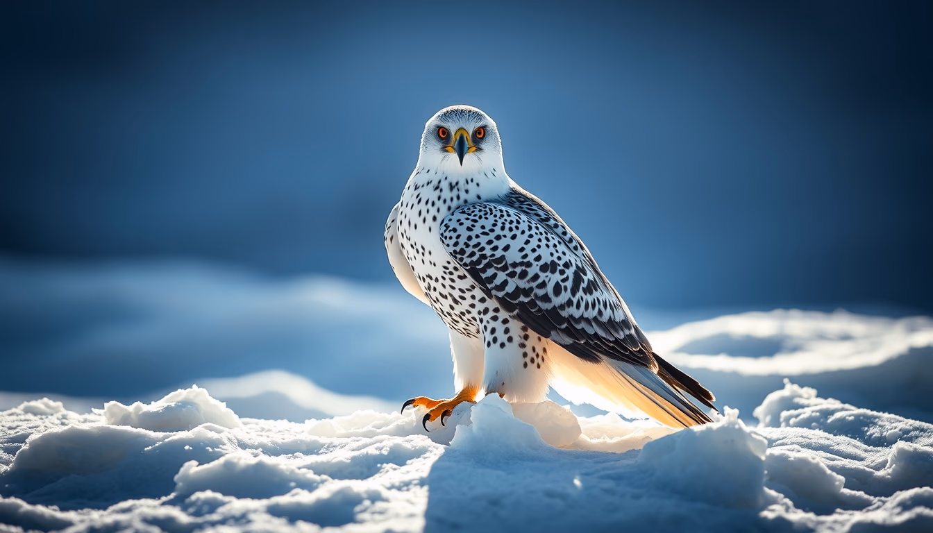 gyrfalcon white snow in editorial style