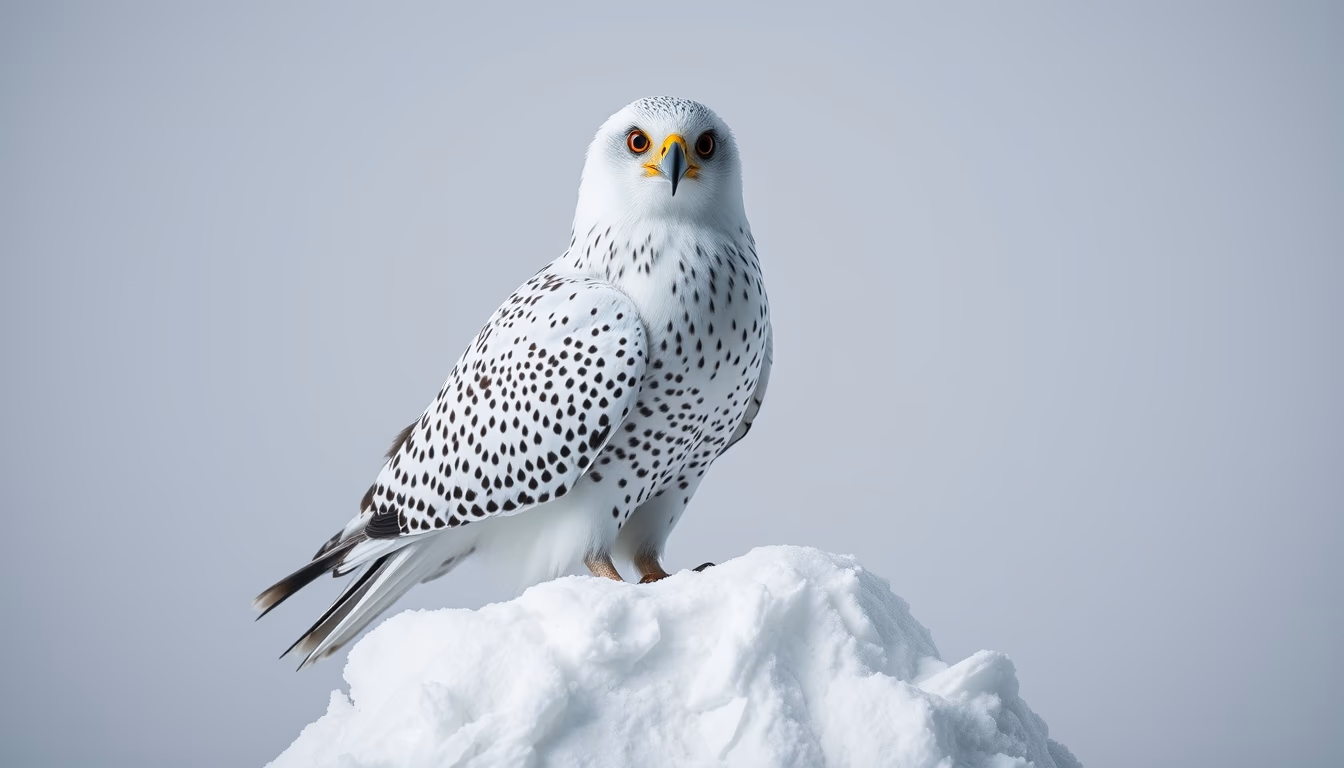 gyrfalcon white snow in editorial style