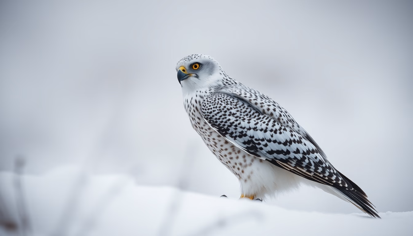 gyrfalcon white snow in editorial style