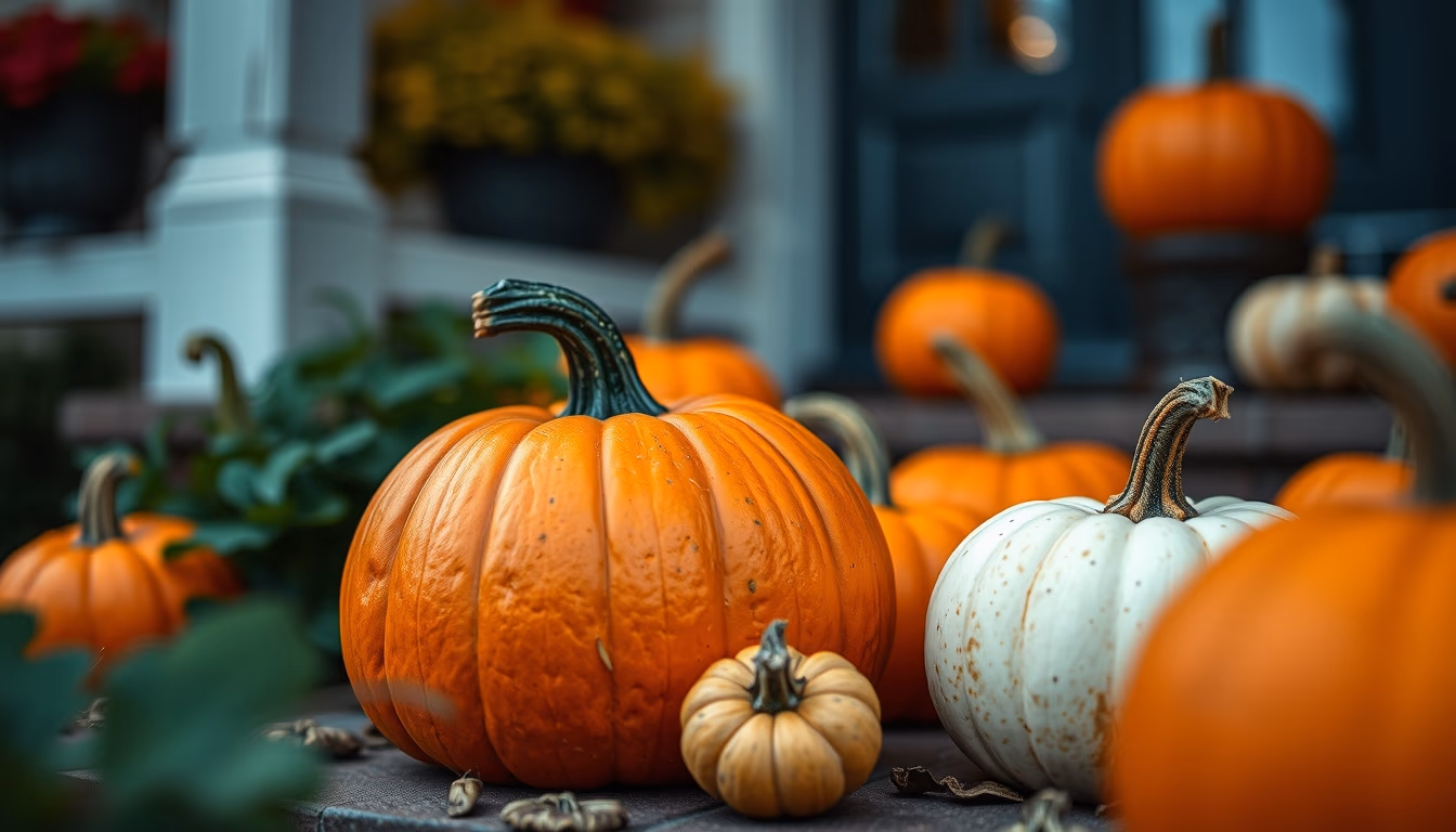 halloween pumpkins porch in editorial style