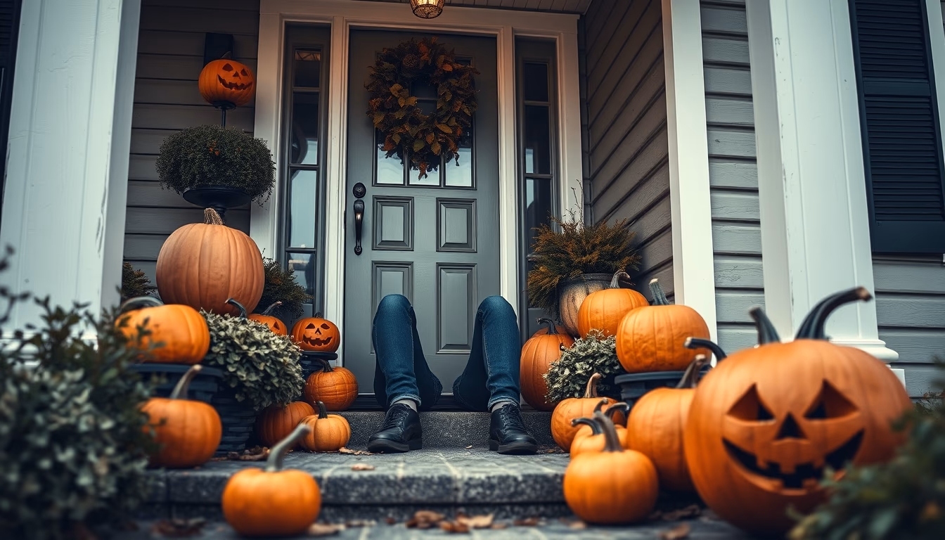 halloween pumpkins porch in editorial style