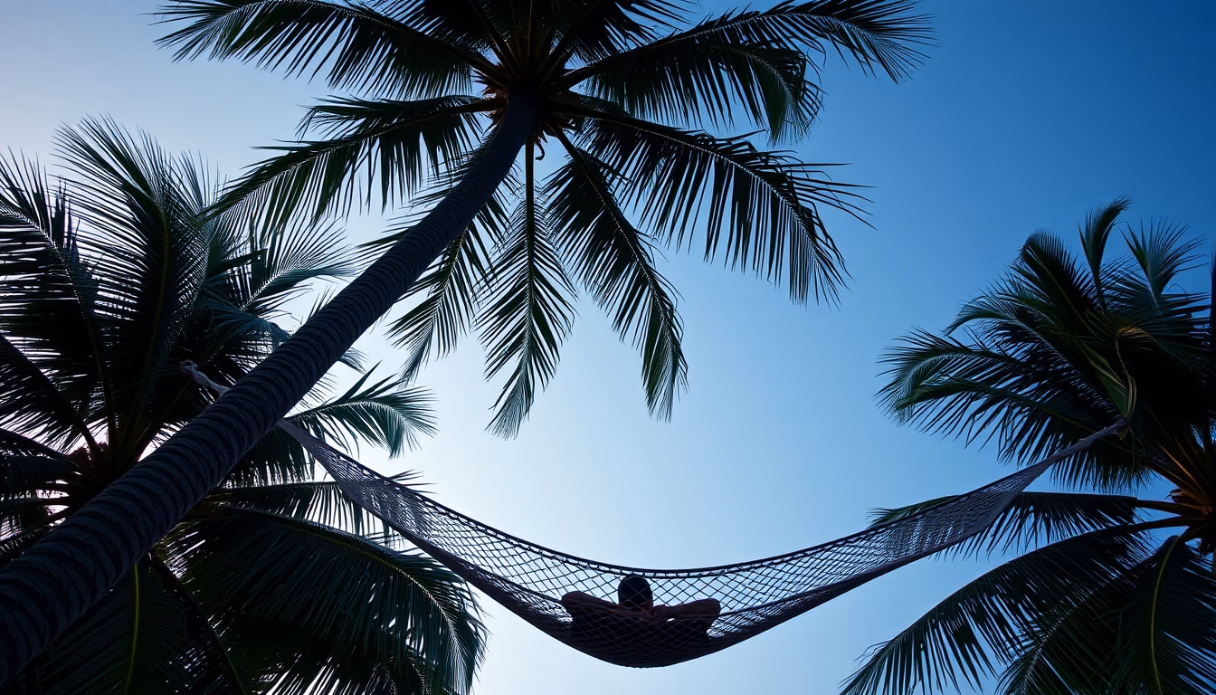 hammock between palm trees in editorial style