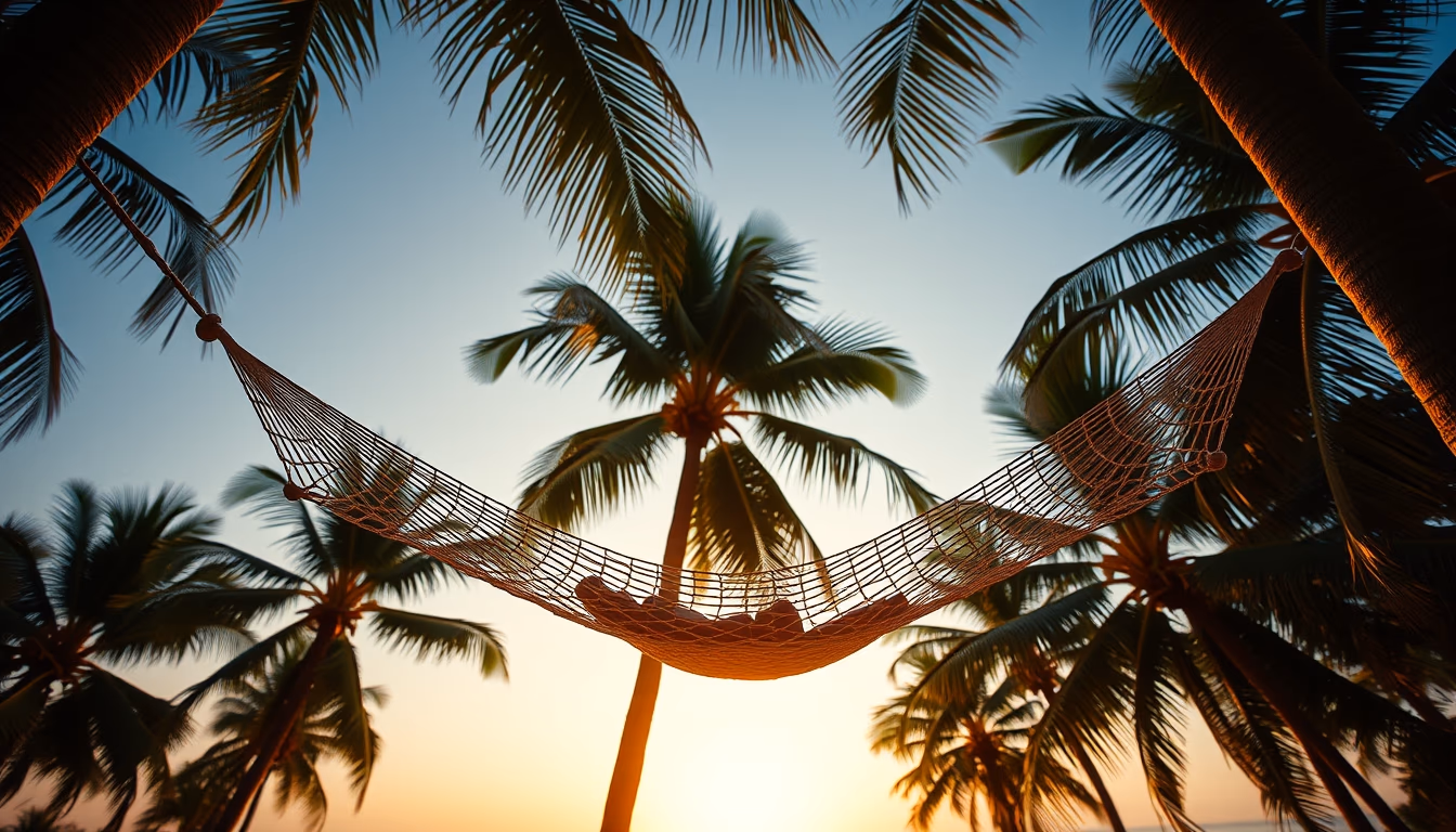 hammock between palm trees in editorial style