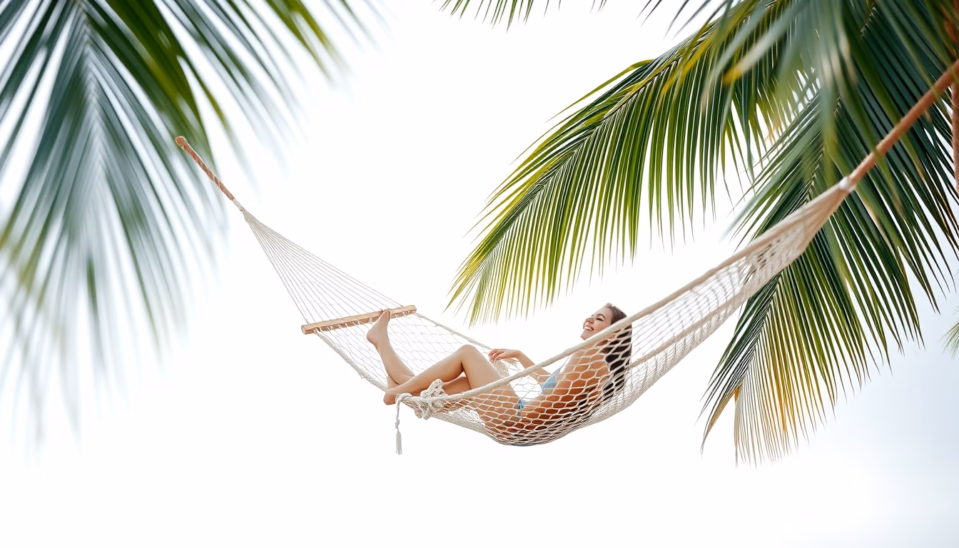 hammock between palm trees in editorial style