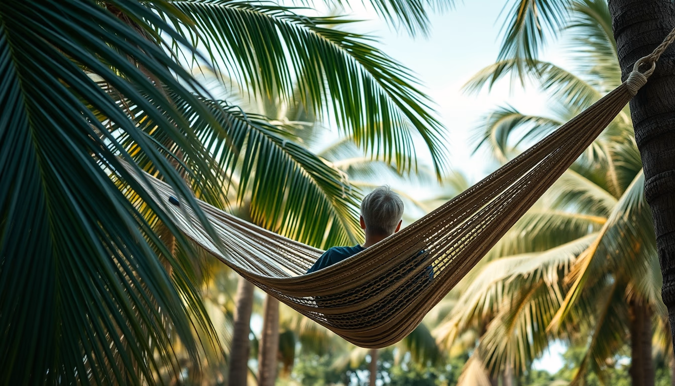 hammock between palm trees in editorial style