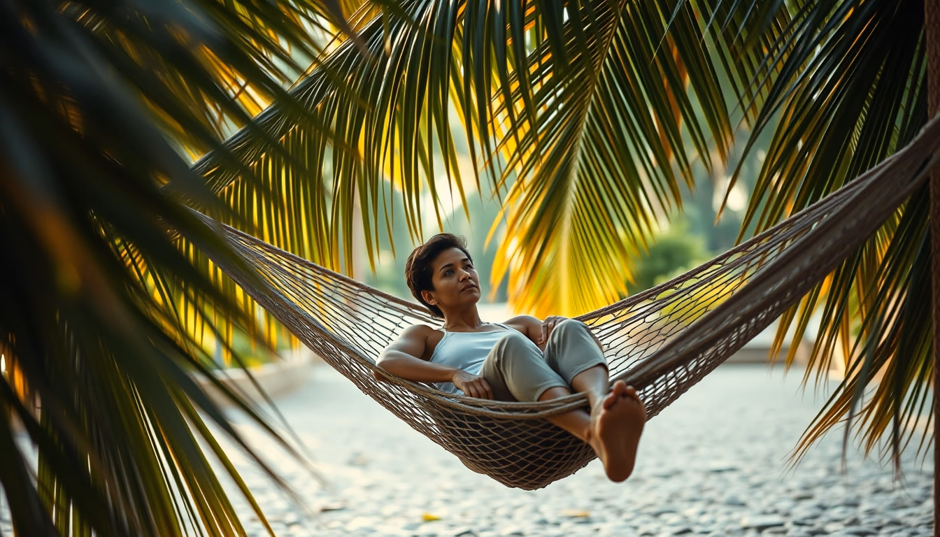 hammock between palm trees in editorial style