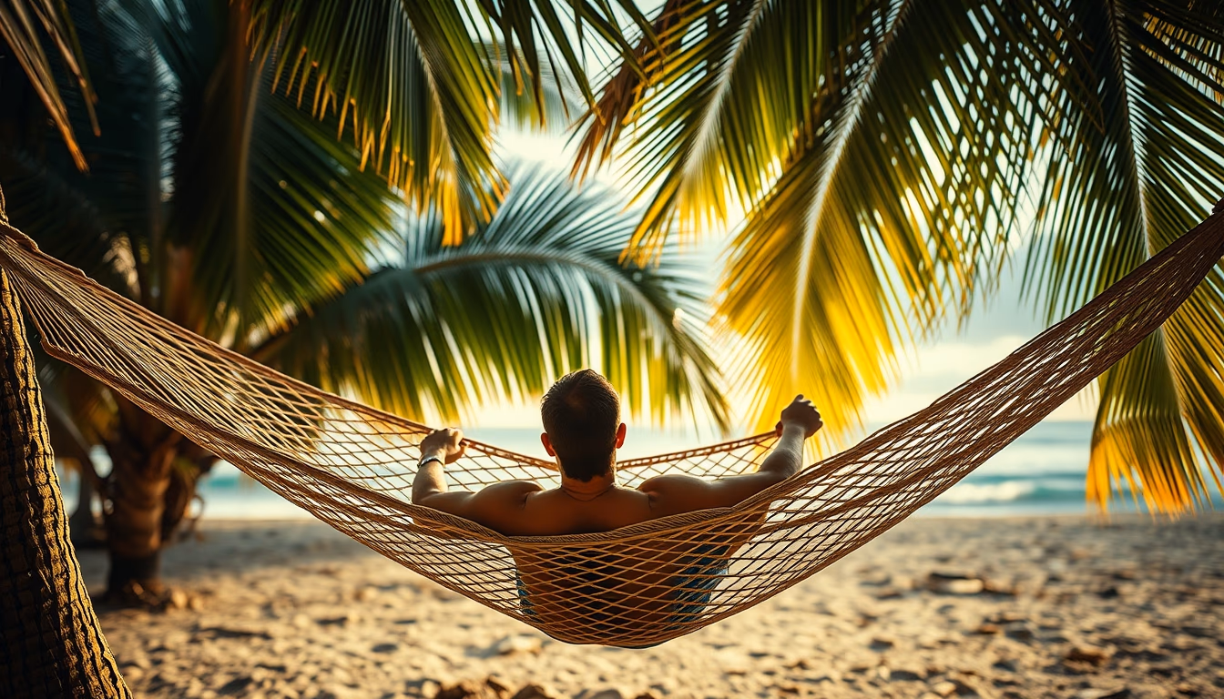 hammock between palm trees in editorial style