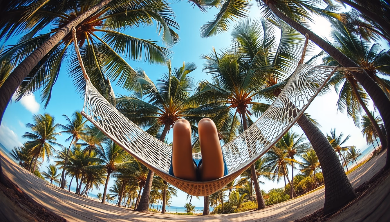 hammock between palm trees in editorial style