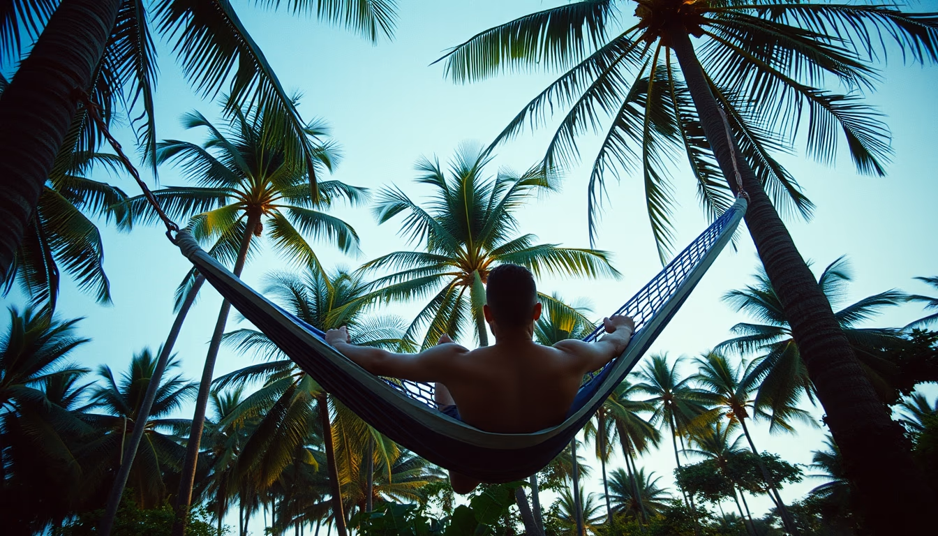 hammock between palm trees in editorial style