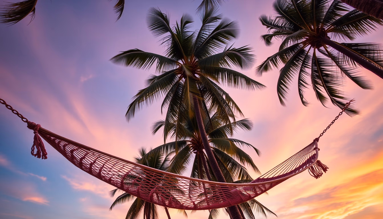 hammock between palm trees in editorial style