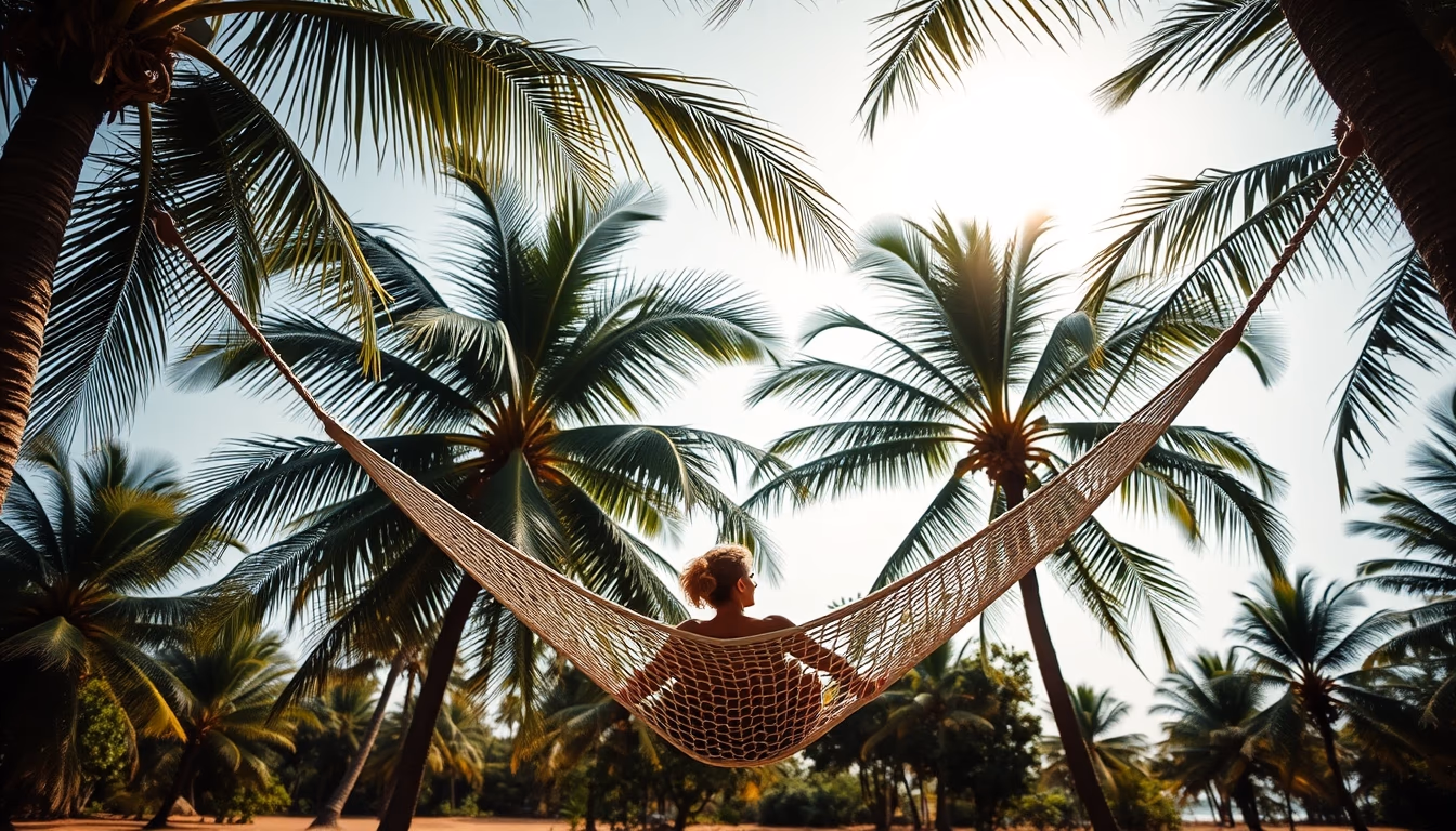 hammock between palm trees in editorial style