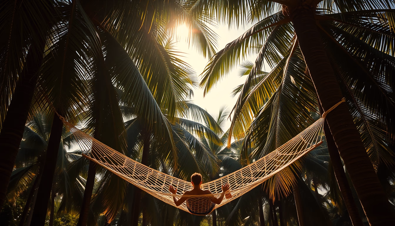 hammock between palm trees in editorial style