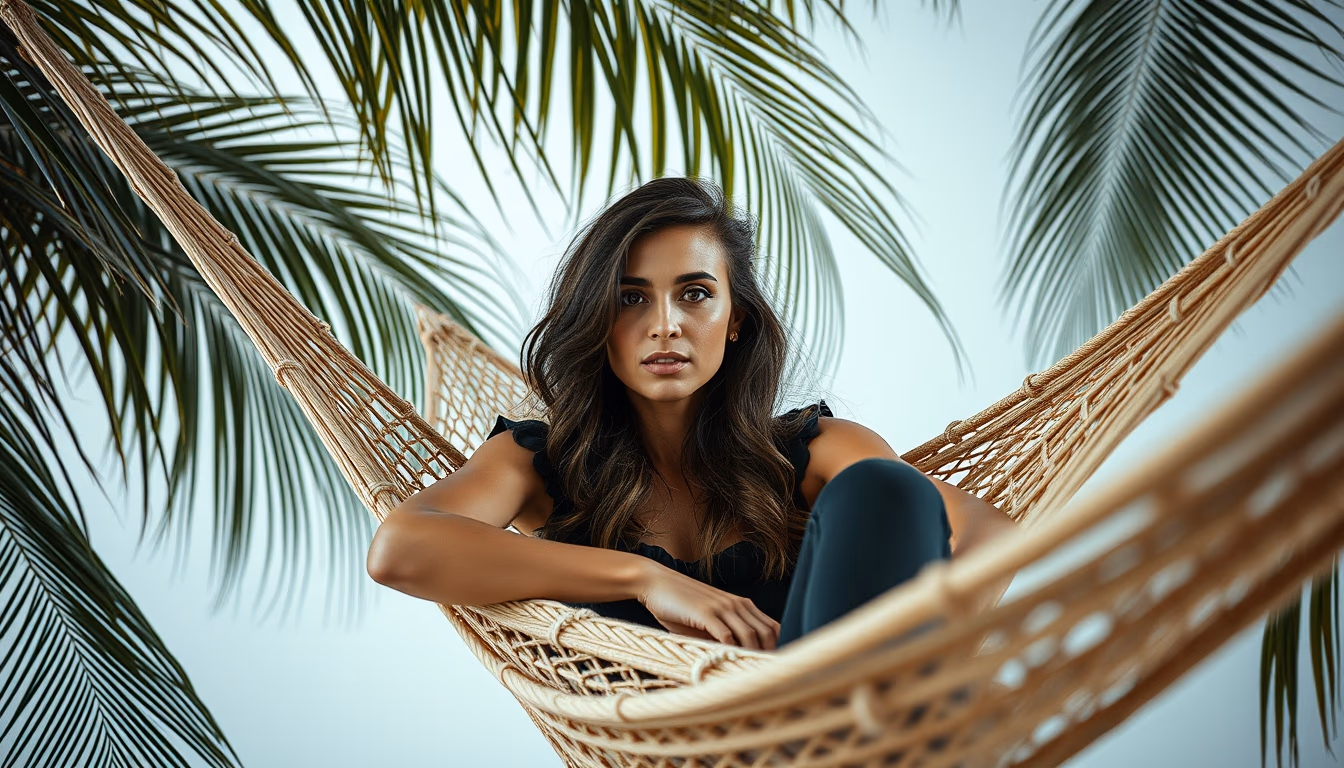 hammock between palm trees in editorial style