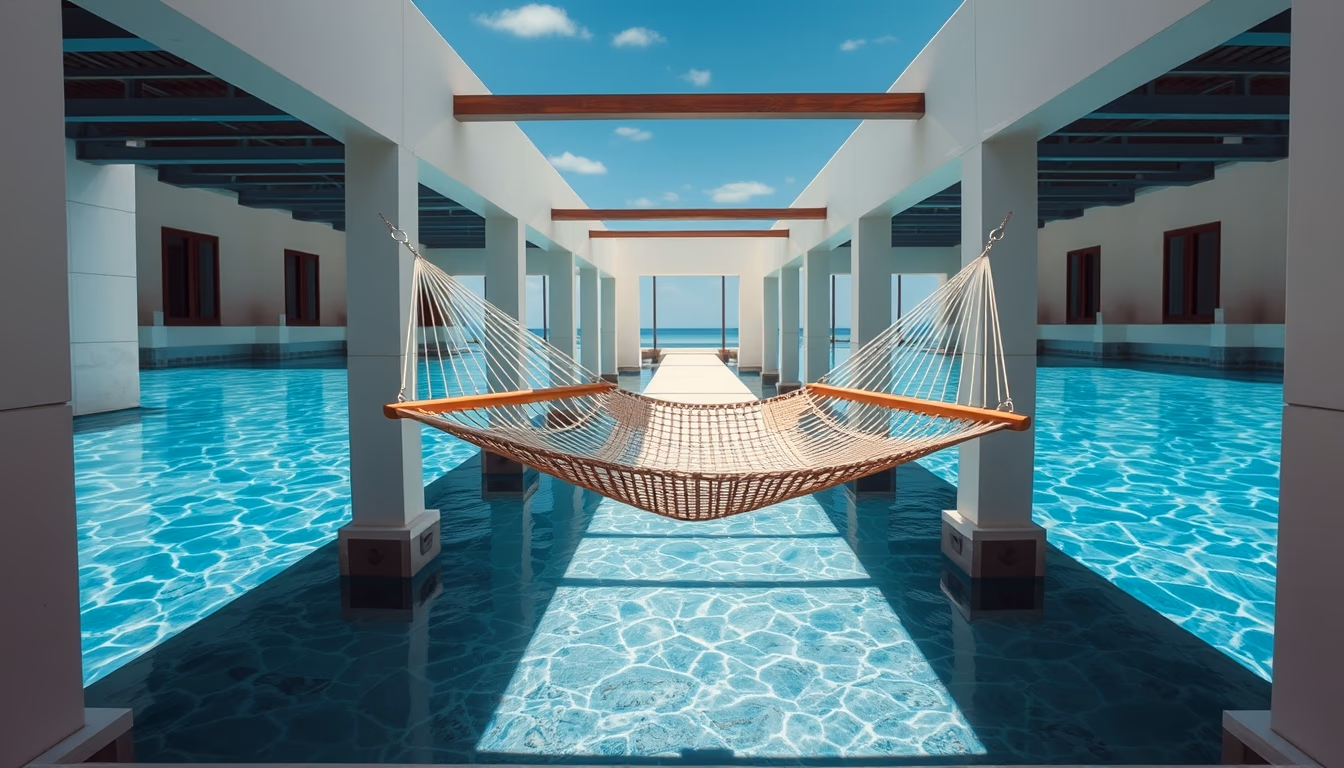 hammock over crystal water in editorial style