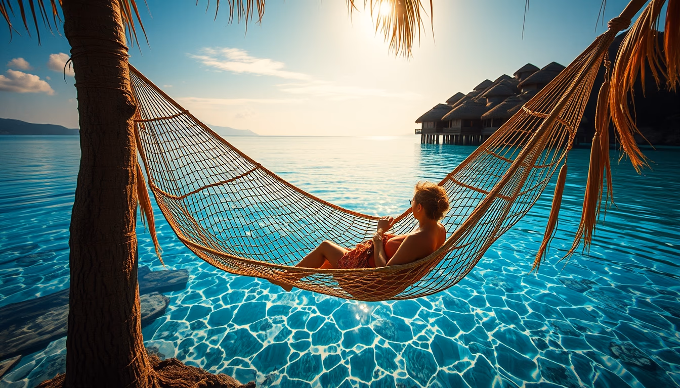 hammock over crystal water in editorial style