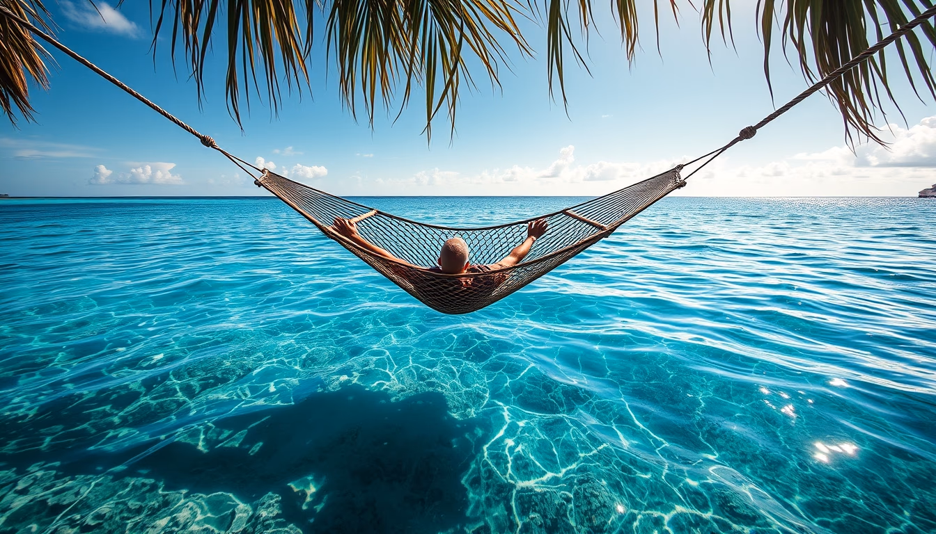 hammock over crystal water in editorial style