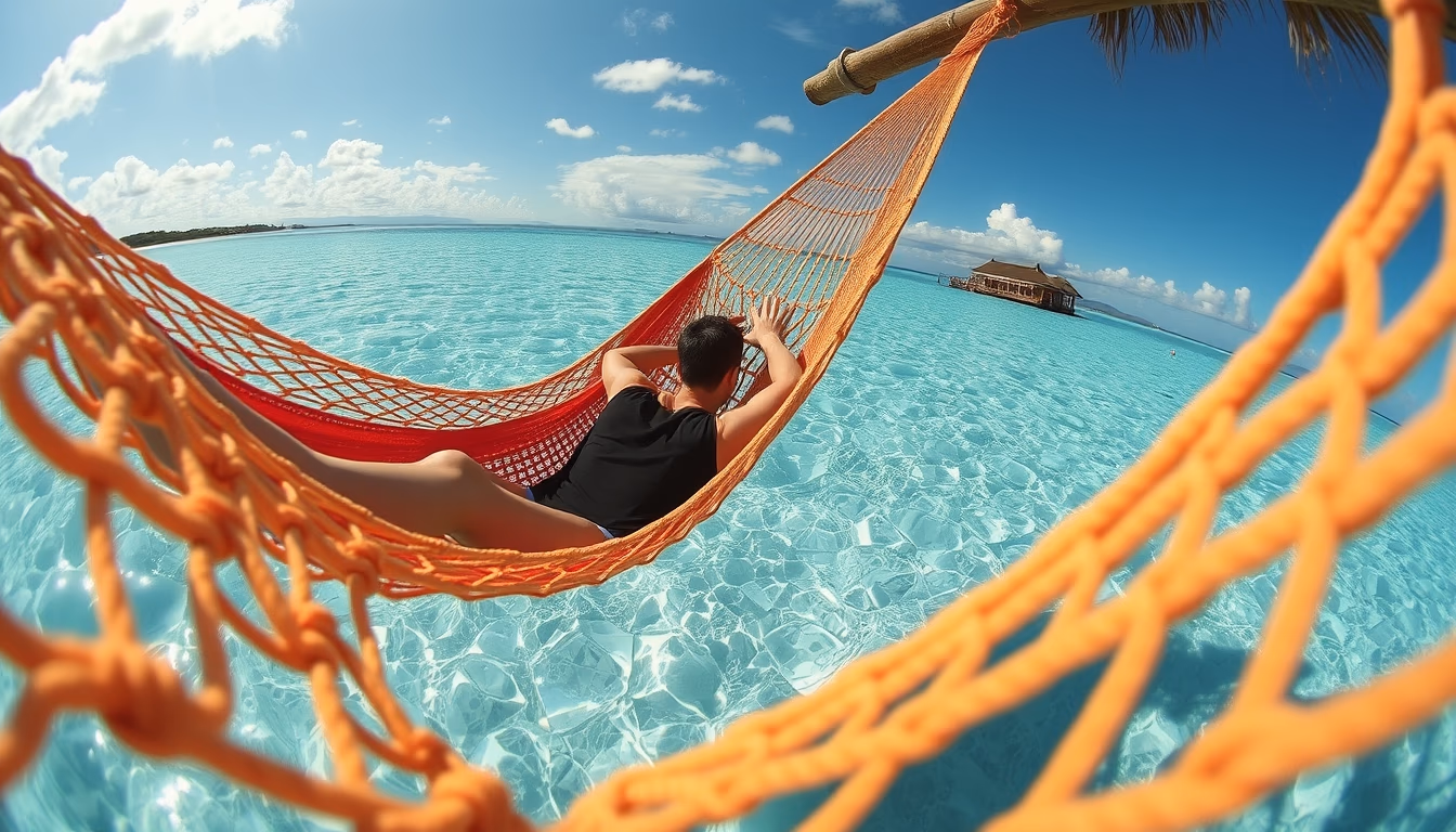 hammock over crystal water in editorial style