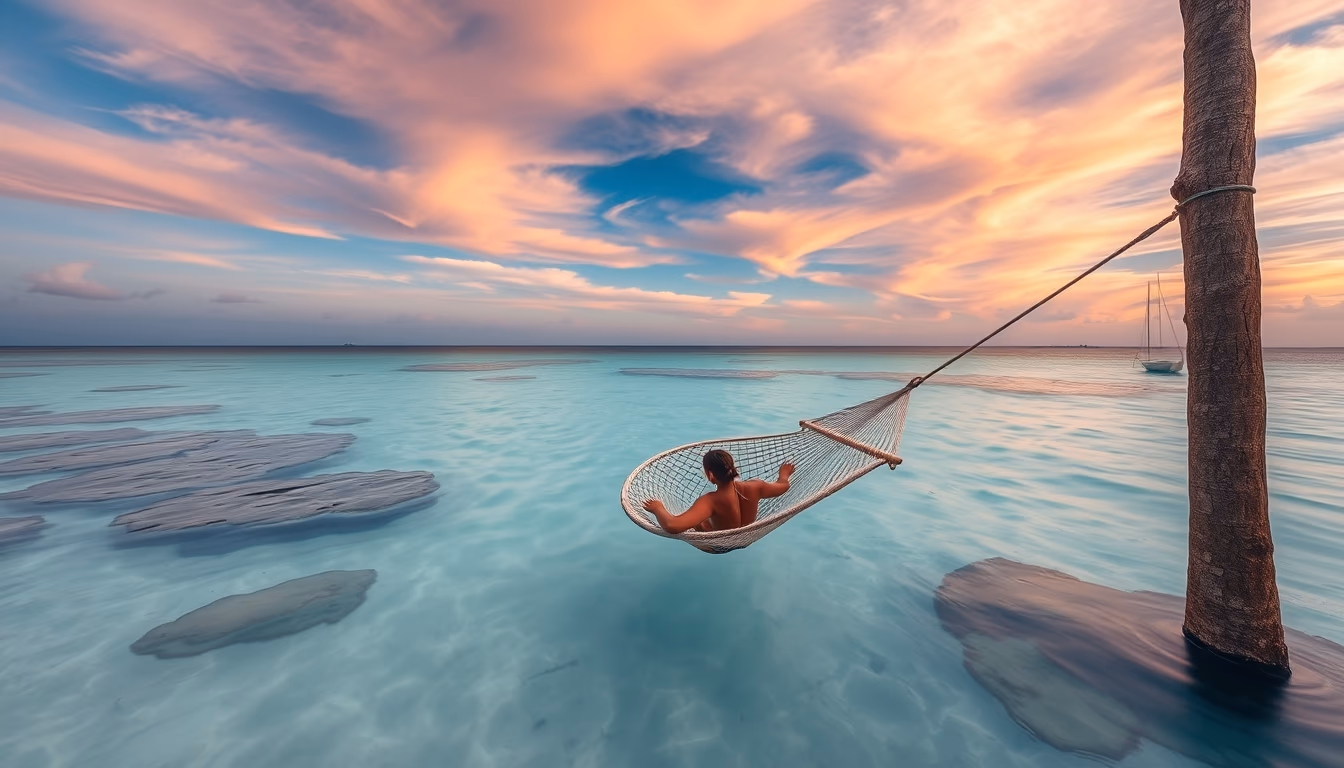 hammock over crystal water in editorial style