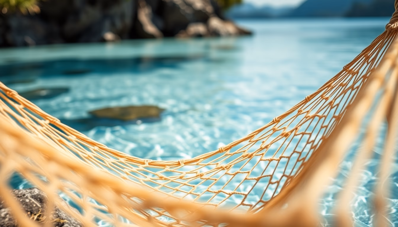 hammock over crystal water in editorial style