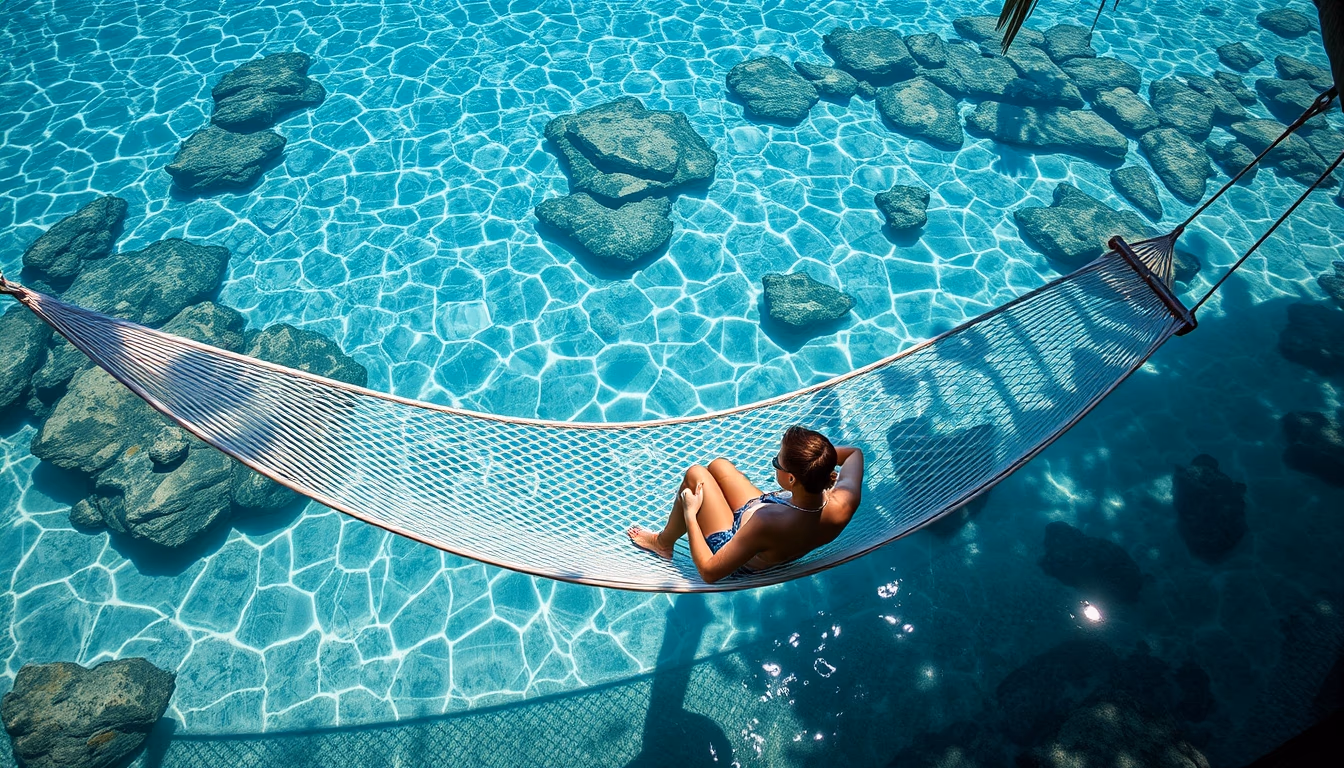 hammock over crystal water in editorial style