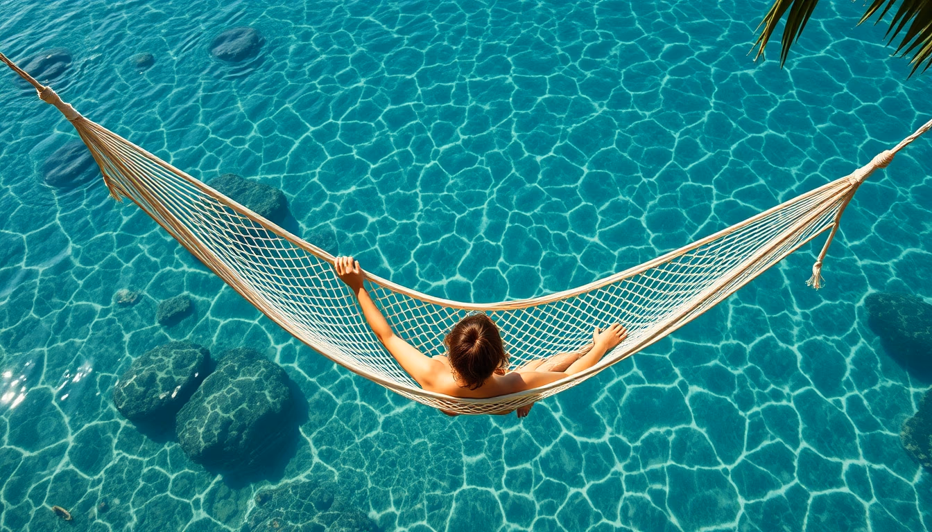 hammock over crystal water in editorial style