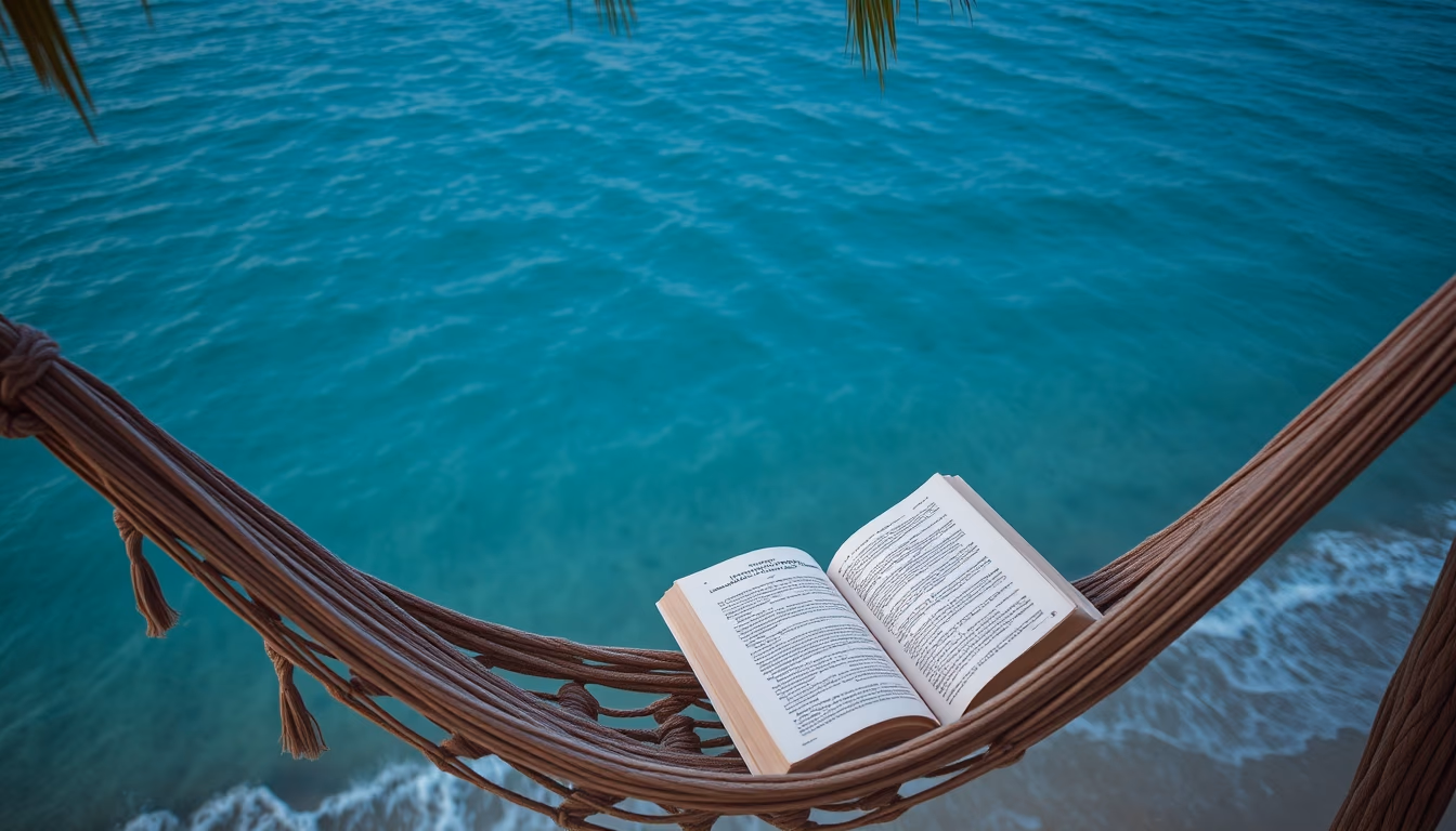 hammock with book ocean in editorial style