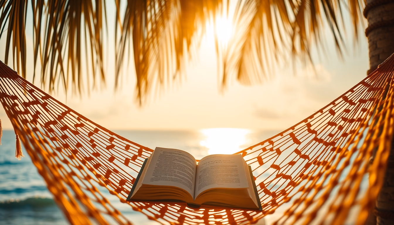 hammock with book ocean in editorial style