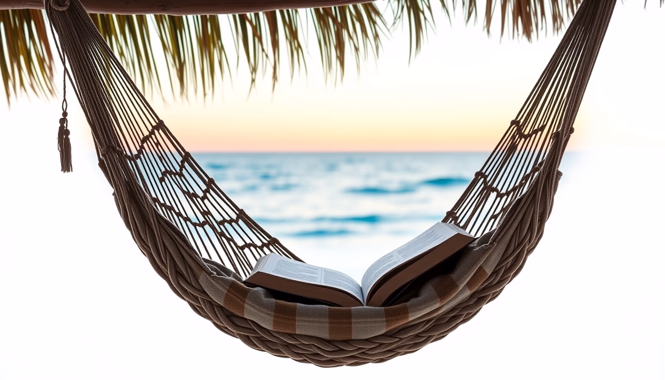 hammock with book ocean in editorial style
