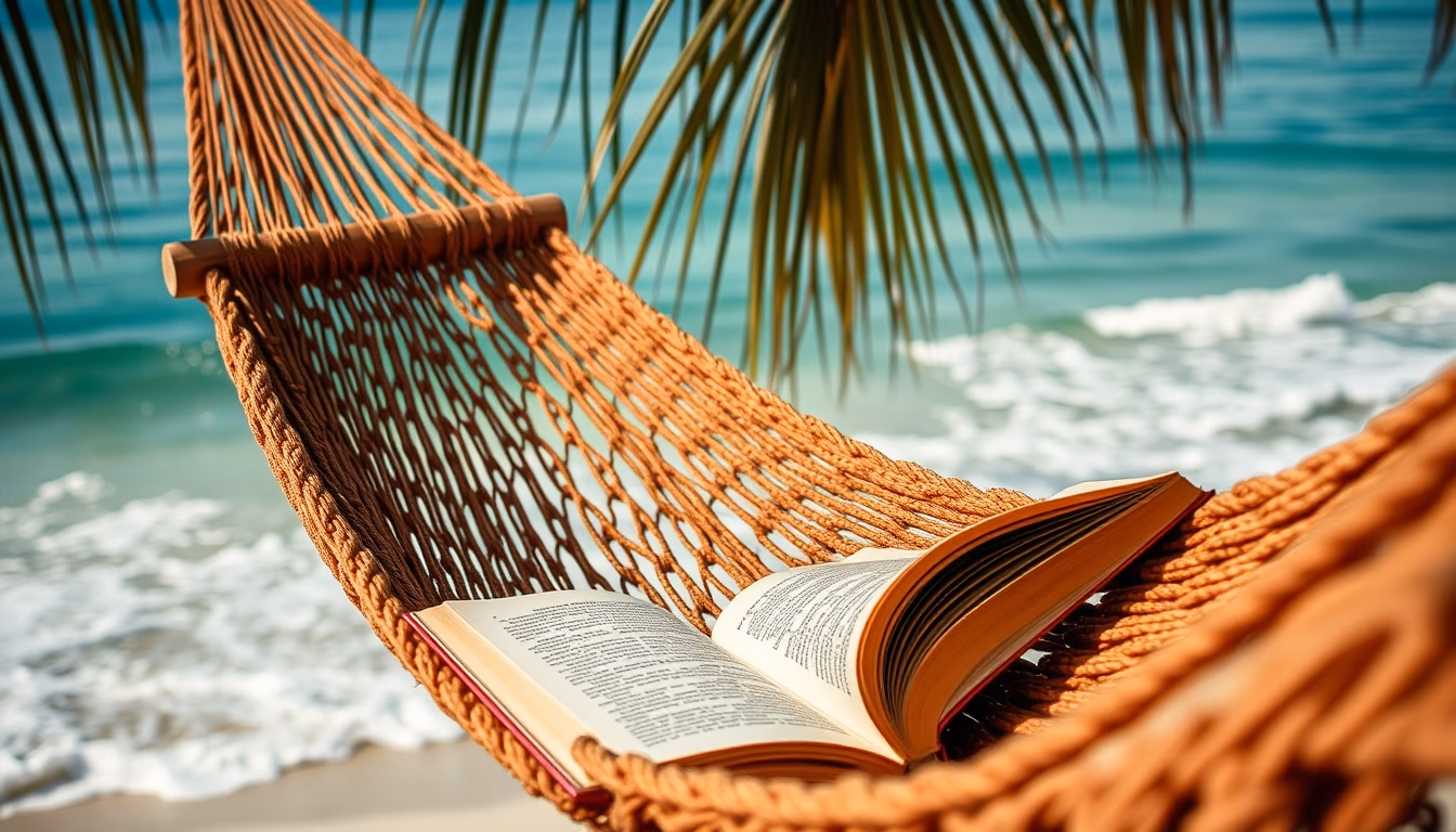 hammock with book ocean in editorial style