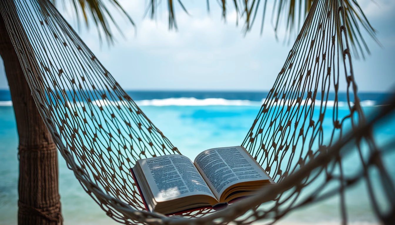 hammock with book ocean in editorial style
