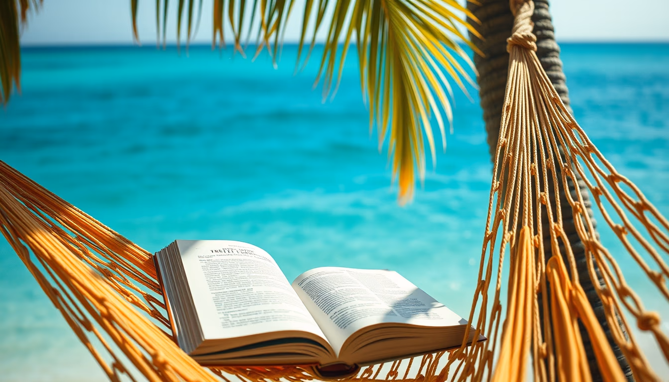 hammock with book ocean in editorial style