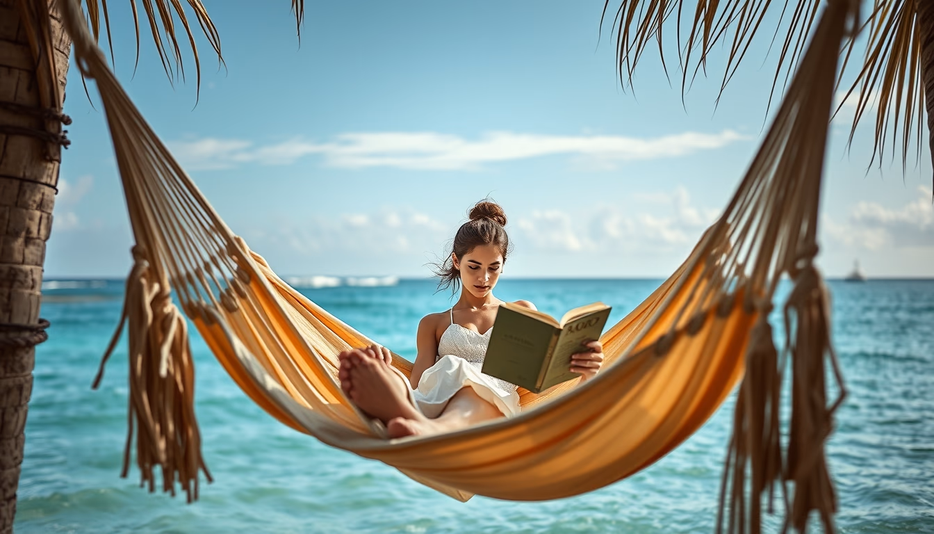 hammock with book ocean in editorial style