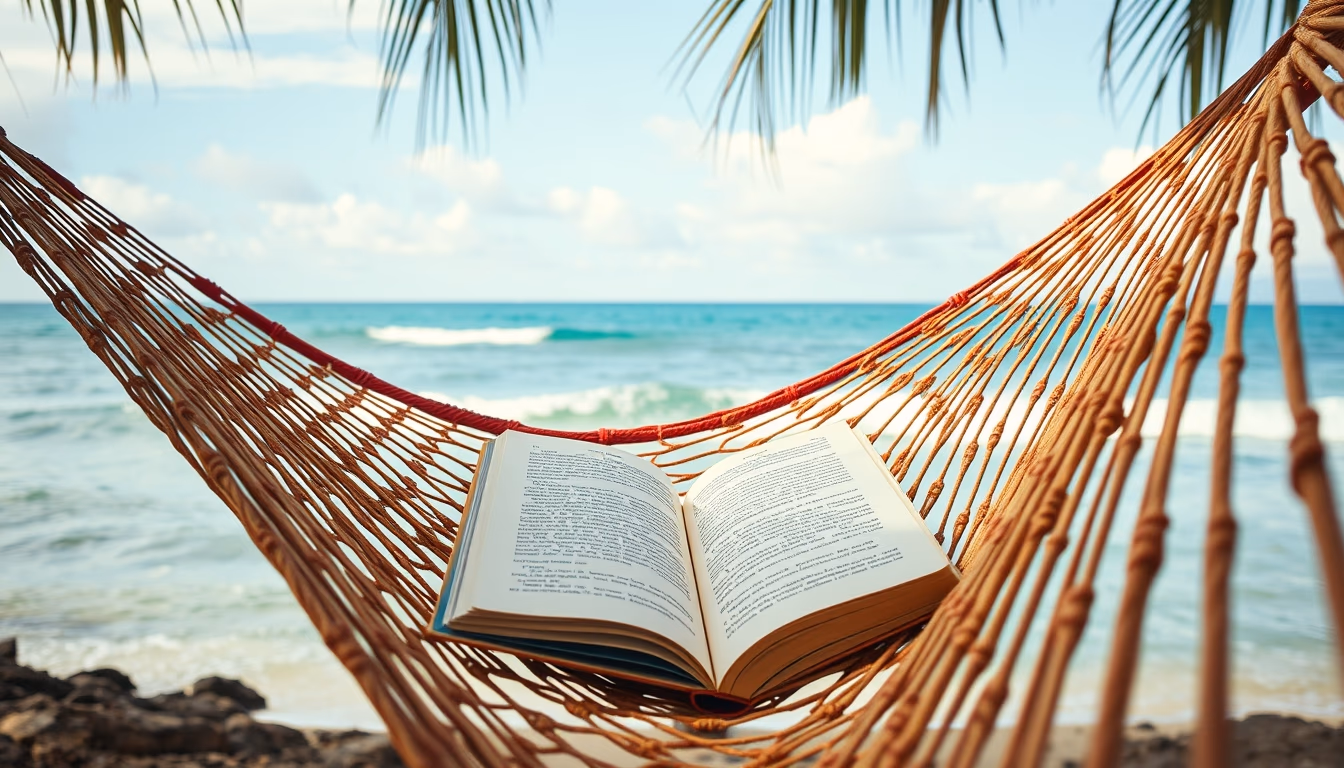 hammock with book ocean in editorial style