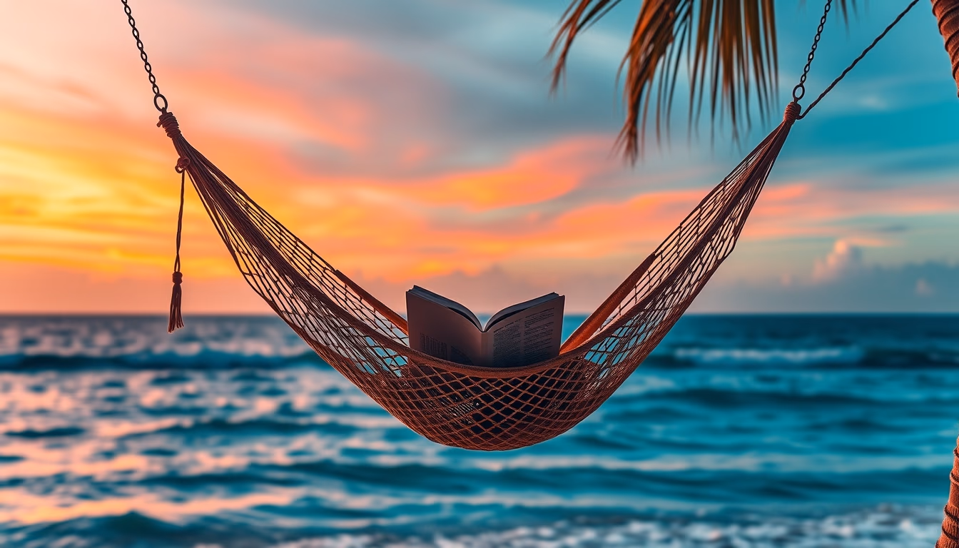 hammock with book ocean in editorial style